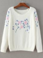 Romwe White Floral Embroidery Mohair Sweater