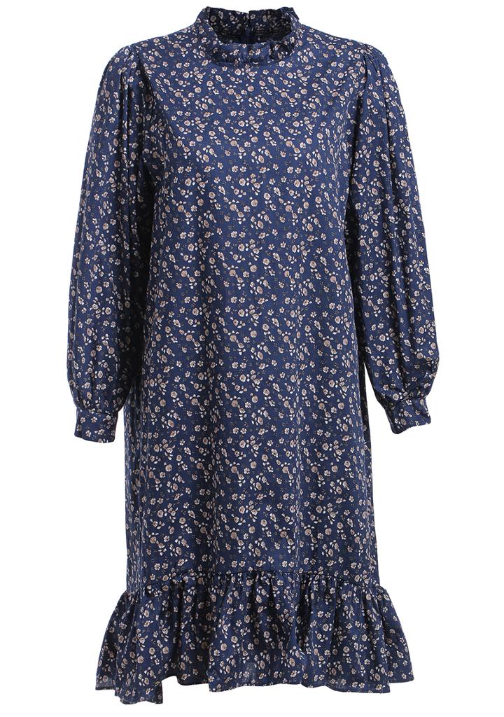 Romwe Stand Collar Flower Print Fishtail Hem Navy Dress