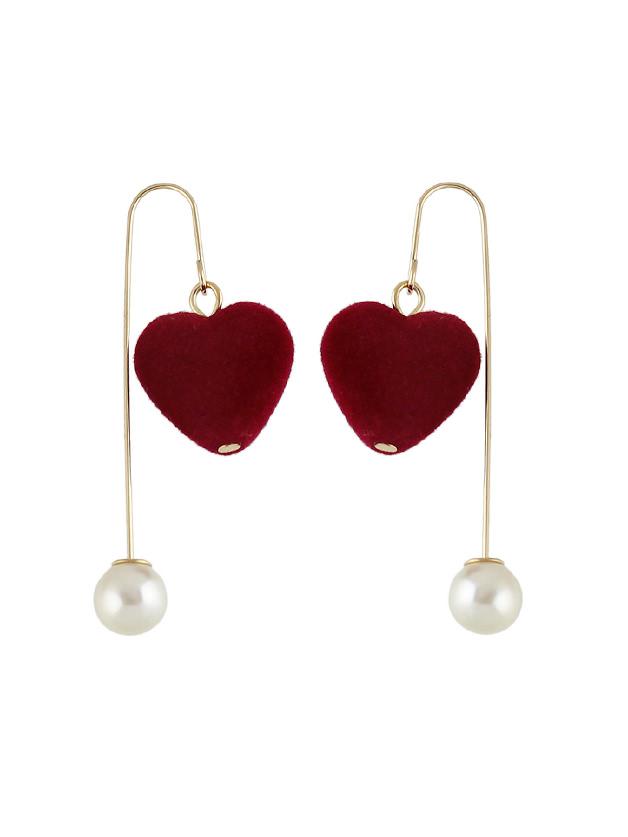 Romwe Red Heart Artificial Mink Fur Ball Earrings