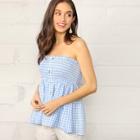 Romwe Frilled Trim Single Breasted Shirred Gingham Tube Top