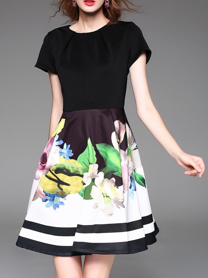Romwe Black Crew Neck Flowers Print Combo Dress