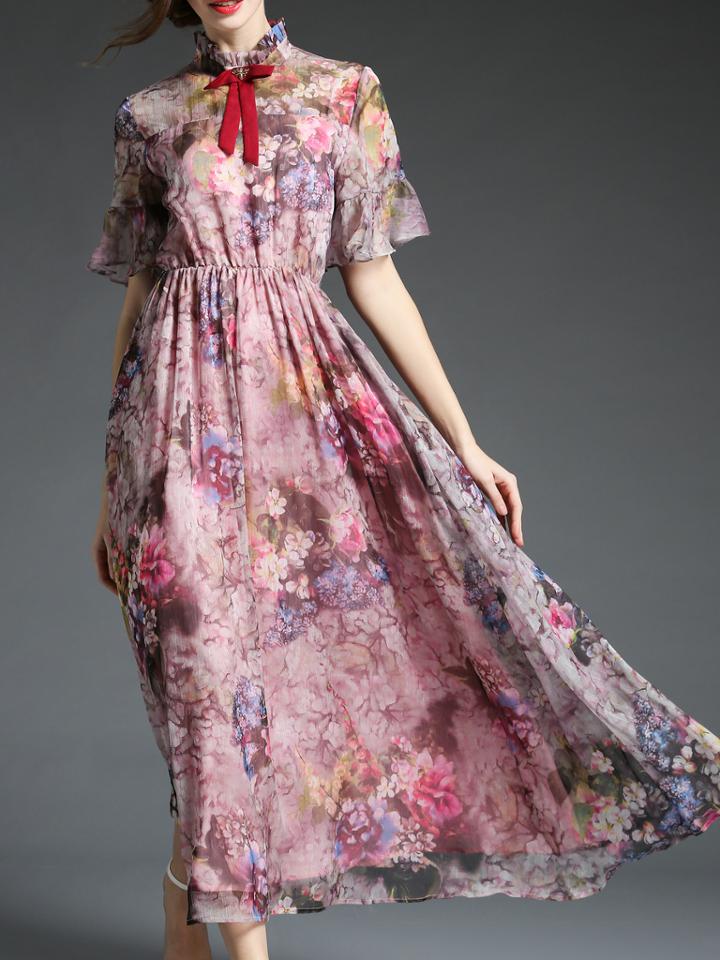 Romwe Multicolor Tie Neck Bell Sleeve Floral Midi Dress