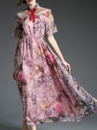 Romwe Multicolor Tie Neck Bell Sleeve Floral Midi Dress