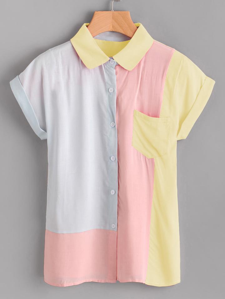 Romwe Color Block Dolman Sleeve Cuffed Shirt