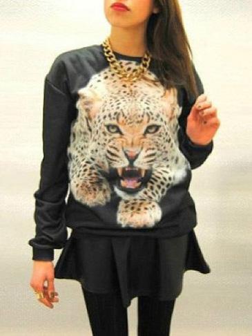 Romwe Black Long Sleeve Tiger Print Sweatshirts