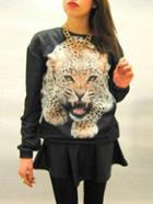 Romwe Black Long Sleeve Tiger Print Sweatshirts