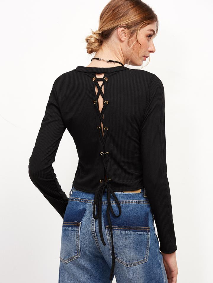 Romwe Black Metal Eyelet Lace Up Back Ribbed T-shirt