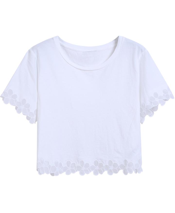 Romwe Round Neck Floral Crochet Crop T-shirt