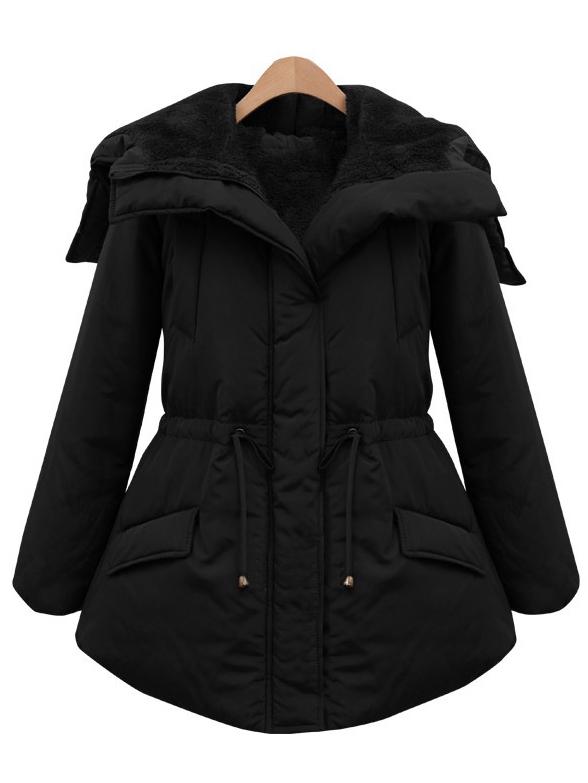 Romwe Lapel Drawstring Zipper Pockets Black Coat