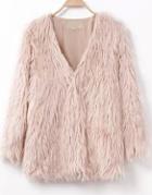 Romwe Collarless Buckled Faux Fur Pink Coat