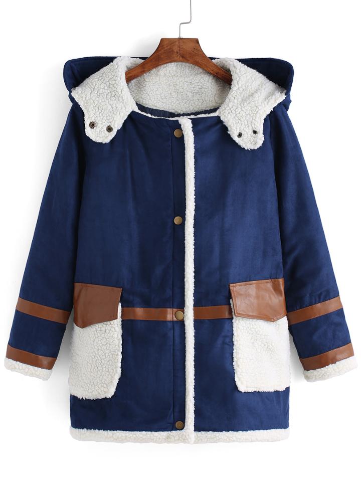 Romwe Women Hooded Pockets Blue Coat