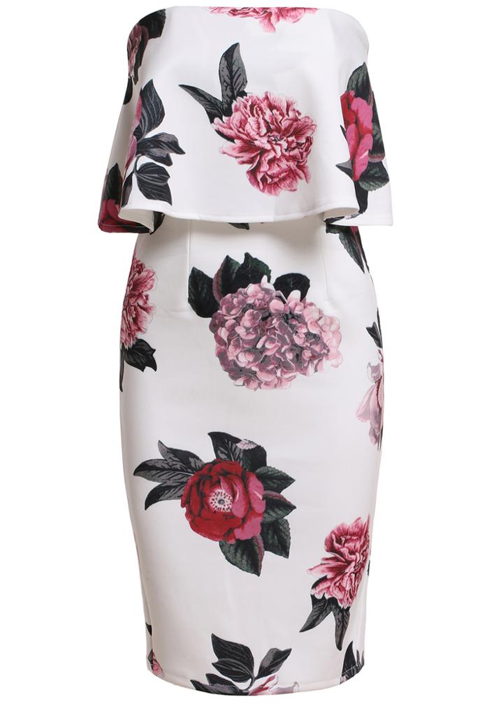 Romwe Strapless Florals Ruffle Bodycon Dress