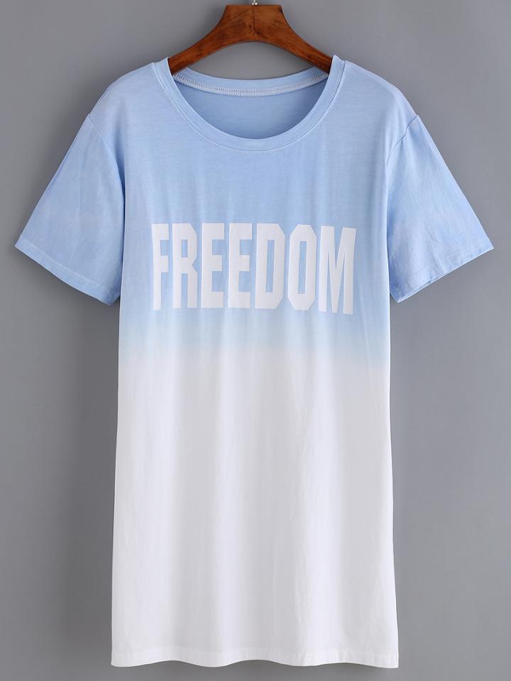 Romwe Ombre Letters Print Blue T-shirt