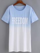 Romwe Ombre Letters Print Blue T-shirt