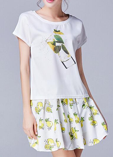 Romwe Lemon Print Chiffon Top With Elastic Waist Skirt