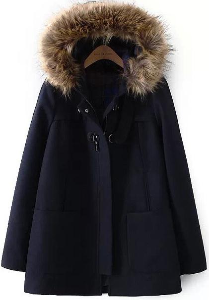 Romwe Faux Fur Hooded Pockets Navy Coat
