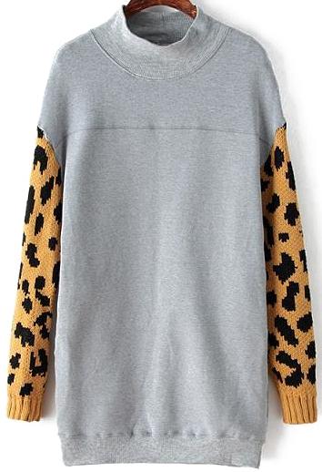 Romwe Stand Collar Leopard Grey Sweatshirt