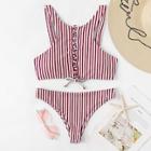 Romwe Striped Lace-up High Neck Bikini Set