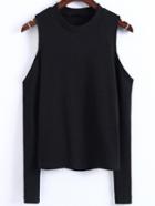 Romwe Black Cold Shoulder Ribbed Top