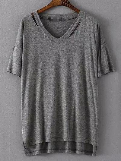 Romwe Grey V Neck Hollow Dip Hem Loose T-shirt