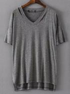 Romwe Grey V Neck Hollow Dip Hem Loose T-shirt