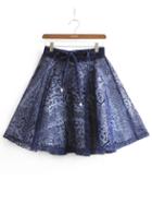 Romwe Tree Pattern Bow Flare Blue Skirt