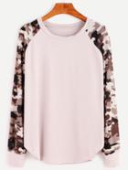Romwe Pink Contrast Camo Print Raglan Sleeve Sweatshirt
