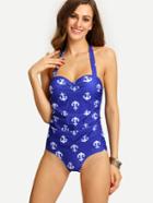 Romwe Ruched Anchor Print One-piece Swimwear - Blue