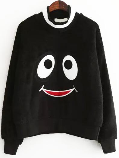 Romwe Mock Neck Cartoon Pattern Black Sweatshirt