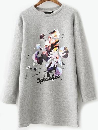 Romwe Letter Print Thicken Long Grey Sweatshirt