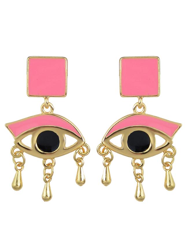 Romwe Pink Enamel Eye Shape Women Hanging Stud Earrings