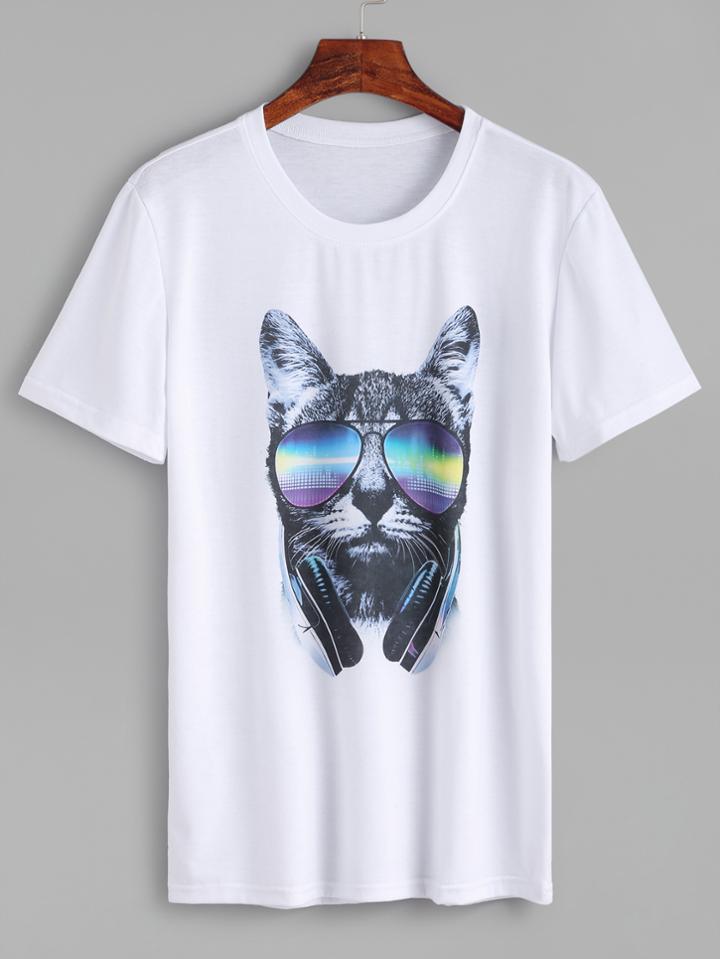 Romwe White Cat Print Casual T-shirt