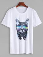 Romwe White Cat Print Casual T-shirt