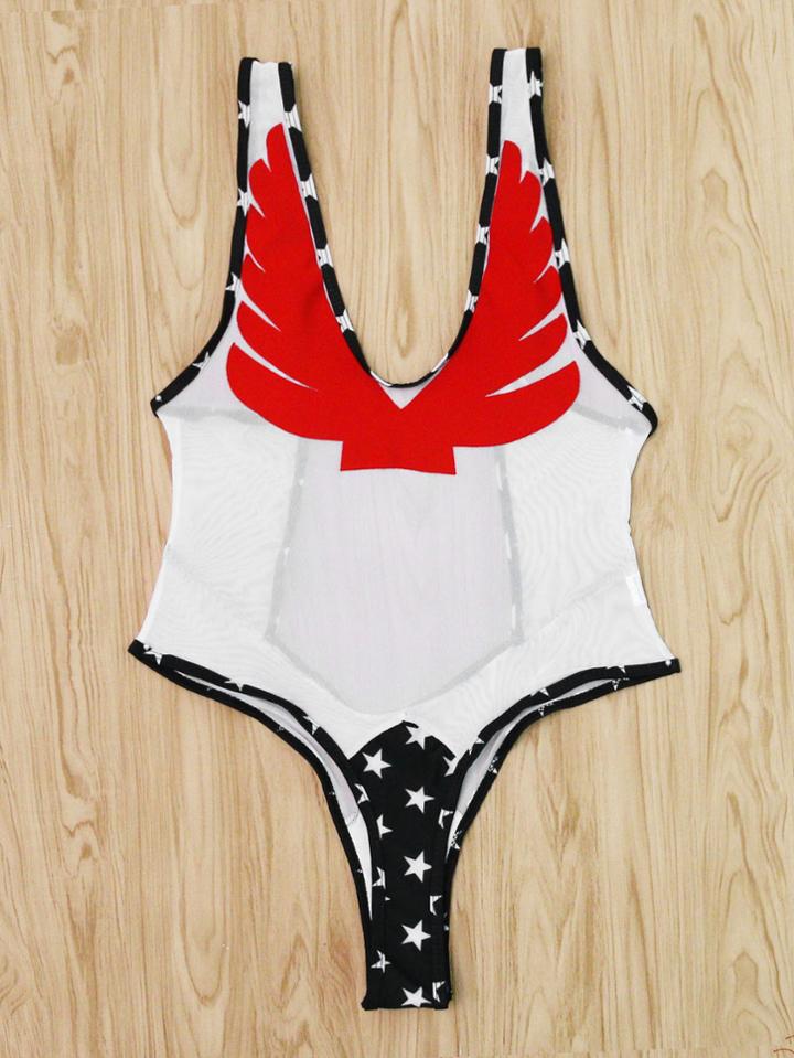 Romwe Wing & Star Pattern Mesh Swimsuit