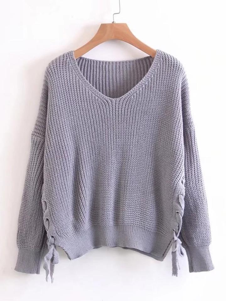 Romwe Lace Up Side Drop Shoulder Sweater