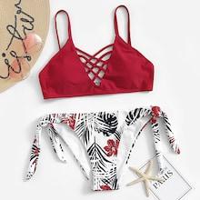Romwe Lattice Top With Random Tropical Tie Side Bikini