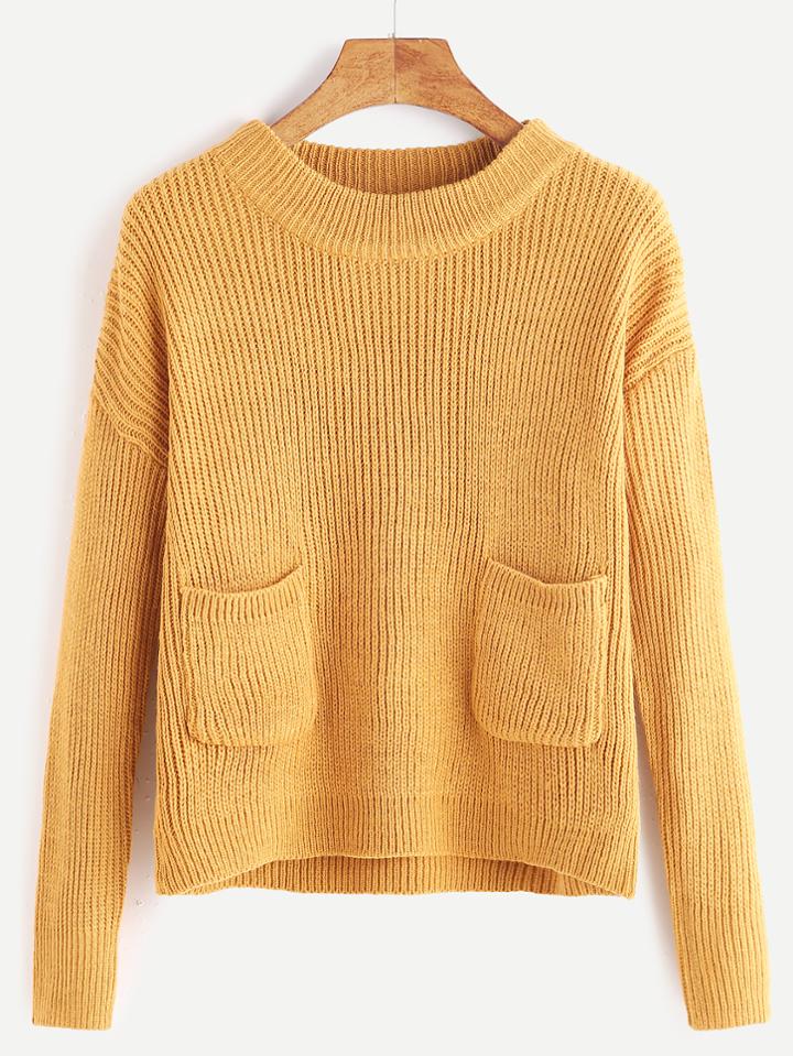 Romwe Ginger Dropped Shoulder Seam Dual Pocket Front Sweater