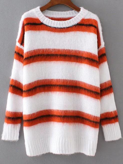 Romwe White Striped Ribbed Trim Sweater