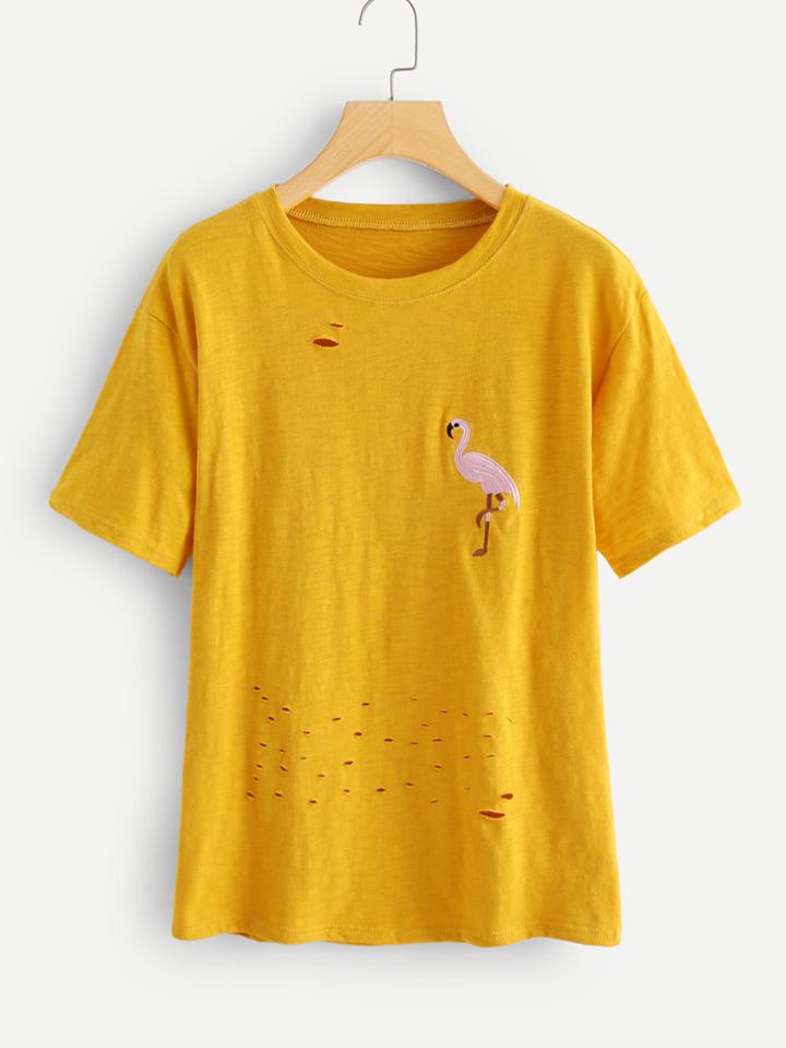 Romwe Flamingos Embroidered Ripped Tee