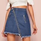 Romwe O-ring Zip Detail Frayed Hem Pocket Patch Denim Skirt