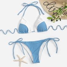 Romwe Two Tone Halter Top With Tie Side Bikini