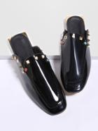 Romwe Black Studded Square Toe Pu Loafer Slippers