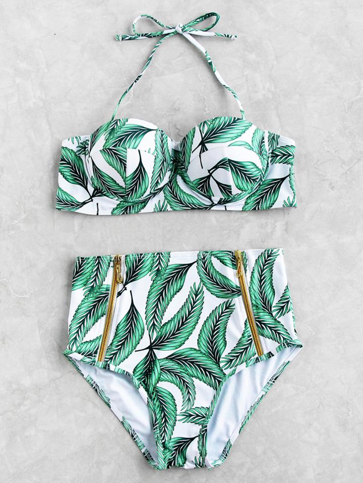 Romwe Leaf Print Front Zipper High Waist Bikini Set