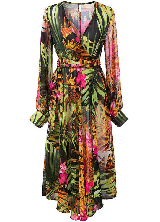 Romwe Muiticolour V Neck Long Sleeve Leaves Print Dress