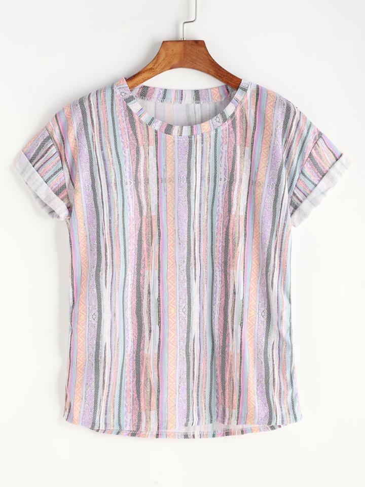 Romwe Multicolor Printed Cuffed T-shirt
