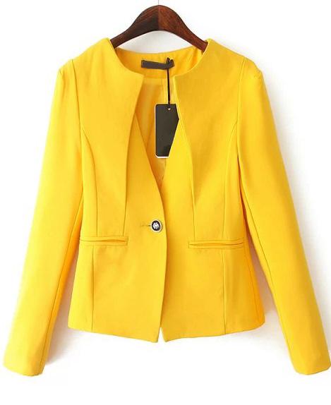 Romwe Pockets Crop Fitted Yellow Blazer