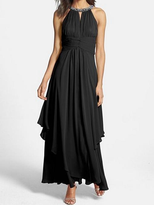 Romwe Black Bead Halter Chiffon Maxi Dress