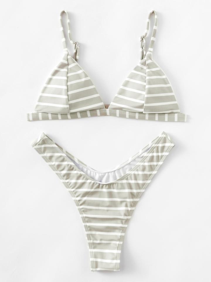 Romwe Striped Print High Leg Triangle Bikini Set