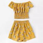 Romwe Plus Off Shoulder Calico Print Top With Shorts