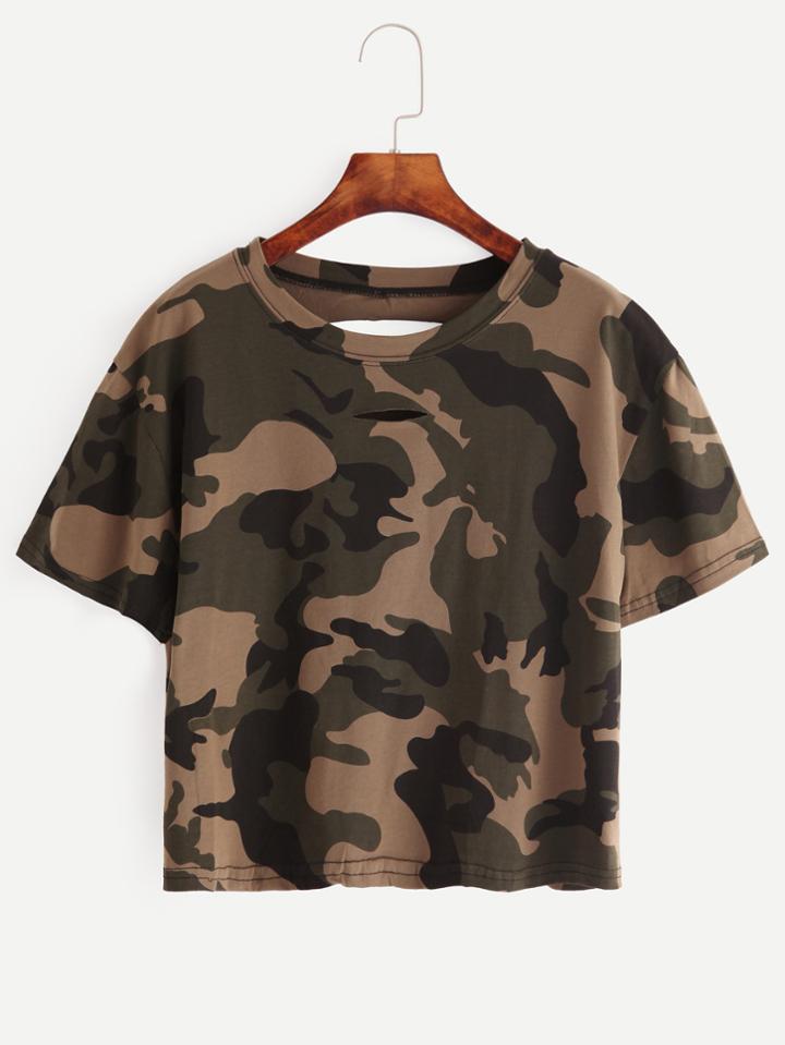 Romwe Olive Green Ripped Crop T-shirt